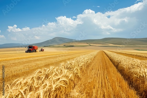 a combiner in a wheat field with a blue sky, a combiner in a wheat field with a blue sky, Farmers harvesting wheat in a vast field photo