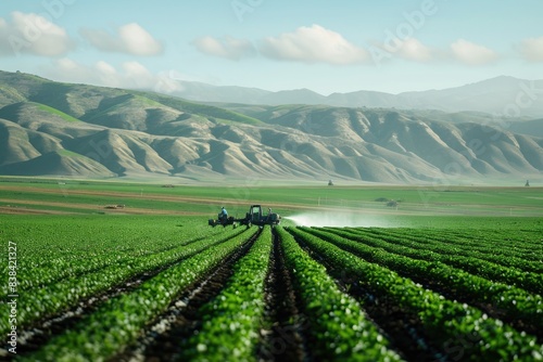 a farmer spraying pesticide on a field  a farmer spraying pesticide on a field  Farmers irrigating crops in a vast field