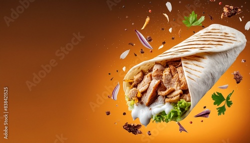 Freshly grilled Turkish beef or Arabic chicken shawarma doner sandwich with flying ingredients and spices - hot and ready to serve. Advertising banner with space for text.