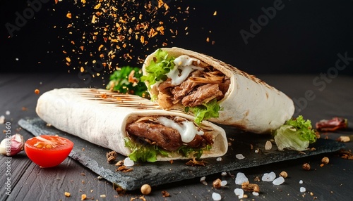 Freshly grilled Turkish beef or Arabic chicken shawarma doner sandwich with flying ingredients and spices - hot and ready to serve. Advertising banner with space for text. photo