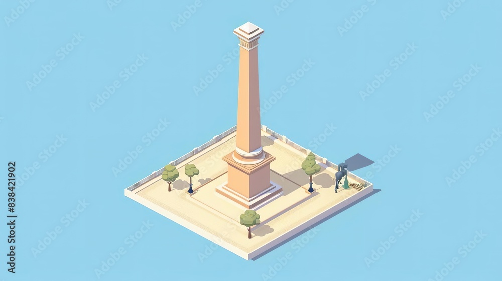 Low poly isometric illustration of a tall stone monument with trees and a person in the foreground. Low poly isometric illustration of a tall stone monument with trees and a person in the foreground.