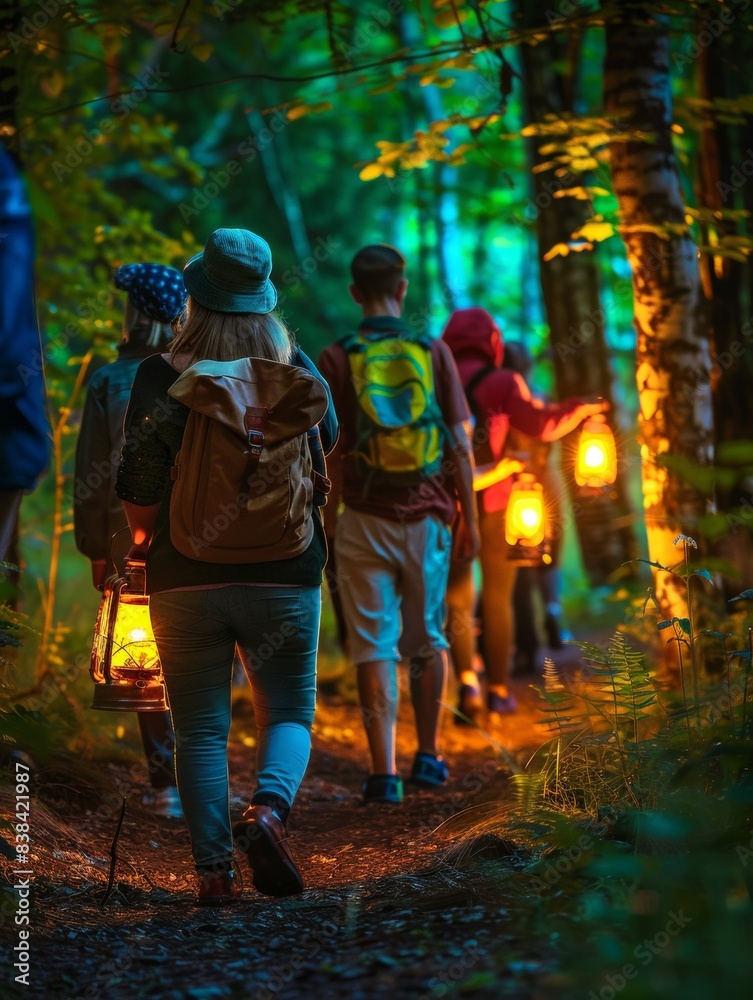Serene Nighttime Trek: Diverse Group Enjoying Eco-Friendly Lantern Lit Walk in Forest