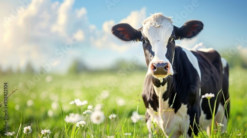 Black and white cow looking from side in the picture  green meadow and blue sky in background. Mature cow  black and white curious gentle surprised look  in a green field  blue sky.