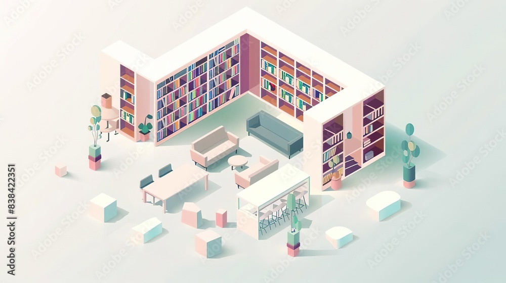 Fototapeta premium Isometric illustration of a modern library with architectural details and quiet reading corners, representing knowledge and tranquility, with room for text