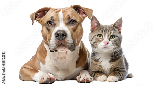 pitbull and a cat sitting side by side against a white background. The dog, larger in size, has its face partially obscured by a brown blurred rectangle