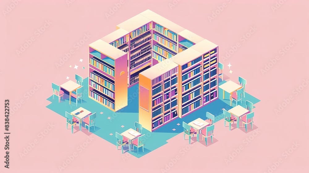 Isometric illustration of a library with bookshelves and chairs. Stock ...