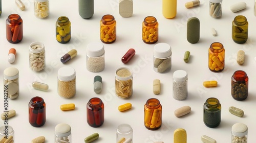 Flat Lay of Vitamin and Supplement Containers in a Minimalist Grid Pattern photo