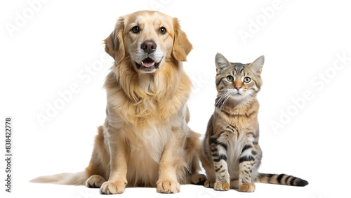 a golden retriever dog sitting next to a tabby cat on a white background