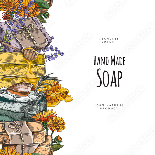 Vector poster with handmade soap with organic essence of chamomile, lilac, honey and rosemary