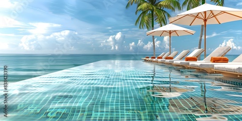 Beachside pool with umbrellas loungers palm trees and clear blue sky. Concept Beachside Pool  Umbrellas  Loungers  Palm Trees  Clear Blue Sky