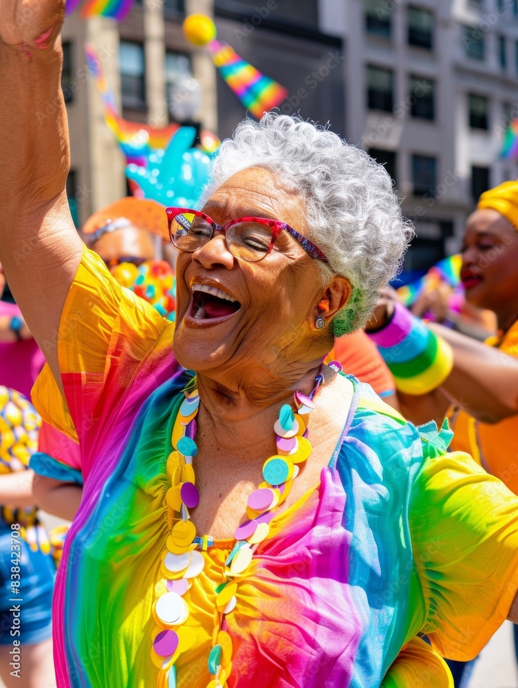 Elderly Plus-Size Woman Celebrating at a Pride Month Street Festival in Colorful Outfit, Daytime Elderly Plus-Size Woman Celebrating at a Pride Month Street Festival in Colorful Outfit, Daytime