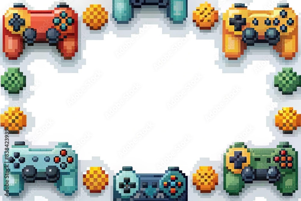 Obraz premium pixelated game controllers frame border with blank space