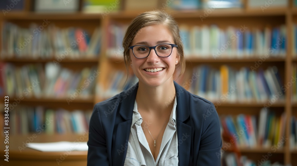 a woman wearing glasses sitting in front of a book shelf a woman wearing glasses sitting in front of a book shelf