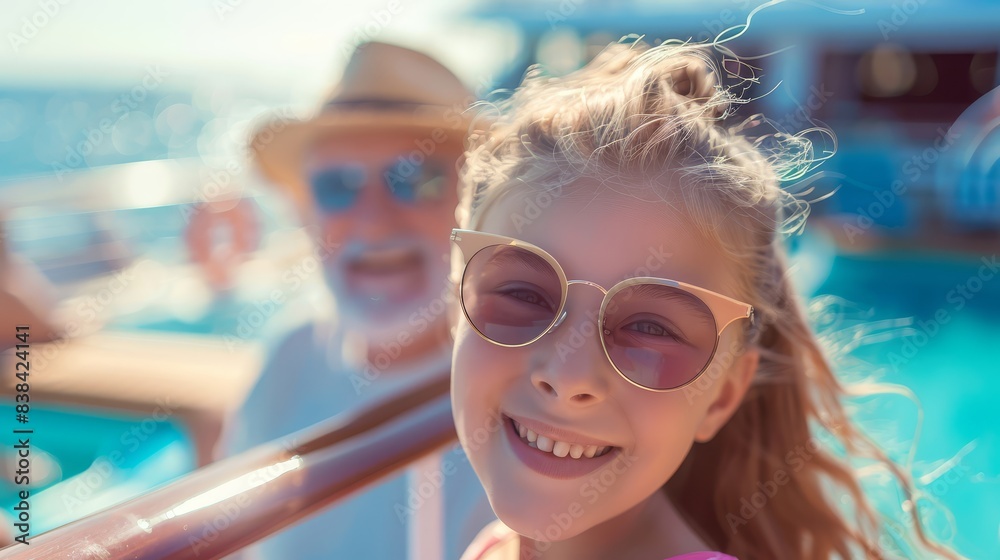 Joyful Caucasian girl traveling with her father on a cruise ship, sunny atmosphere, close up, whimsical, composite, poolside deck Joyful Caucasian girl traveling with her father on a cruise ship, sunny atmosphere, close up, whimsical, composite, poolside deck