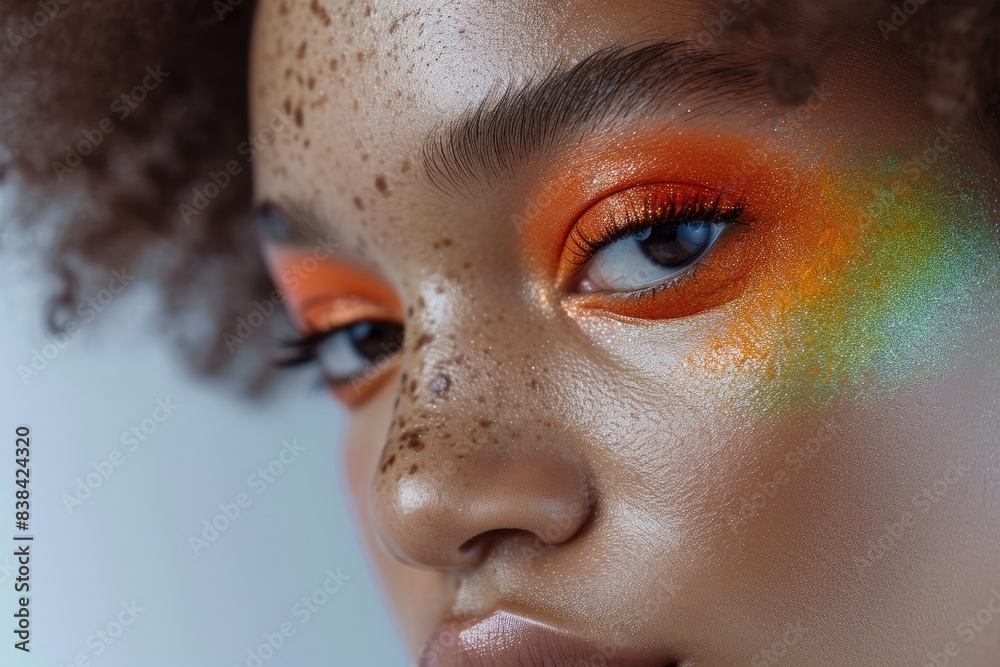 a woman with freckles and a freckle on her face, a woman with freckles and a red lip, Highlight the lively colors and diverse textures crafted by a makeup artist on a model a woman with freckles and a freckle on her face, a woman with freckles and a red lip, Highlight the lively colors and diverse textures crafted by a makeup artist on a model