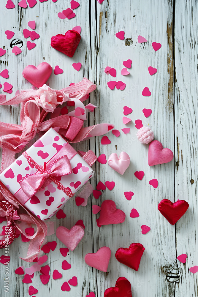 background with gift box and hearts on wooden background ,Composition with gift box, paper hearts and ribbon background with gift box and hearts on wooden background ,Composition with gift box, paper hearts and ribbon