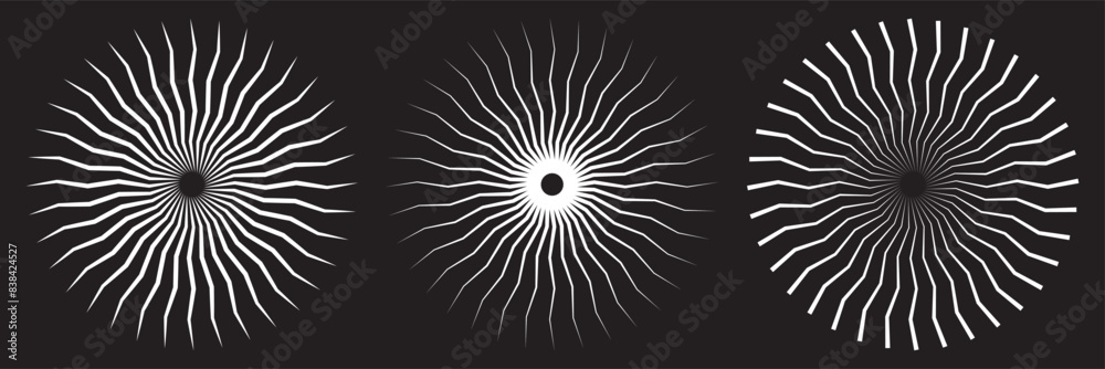 Radial circle lines. Symbol of Sun star rays. Spokes with radiating stripes grid. Set of circular lines elements. Flat design element. Abstract illusion geometric shape. Vector graphic illustration