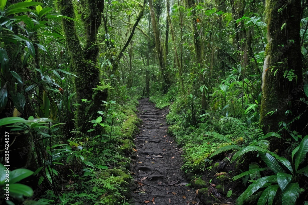 Verdant forest path, serene and untouched., a trail in the jungle with many steps, Hiking trails through a dense, lush forest Verdant forest path, serene and untouched., a trail in the jungle with many steps, Hiking trails through a dense, lush forest