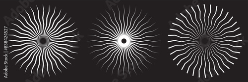 Radial circle lines. Symbol of Sun star rays. Spokes with radiating stripes grid. Set of circular lines elements. Flat design element. Abstract illusion geometric shape. Vector graphic illustration