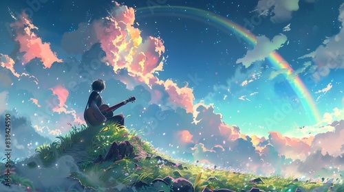 Boy Silhouetted Playing Guitar Beneath Vibrant Rainbow Sky