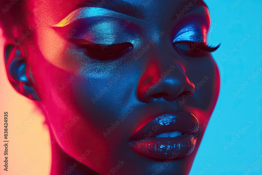 Vibrantly colored makeup, striking facial features., a woman with bright makeup and a black hat, Illuminate the vibrant palette and diverse textures showcased in a makeup artist's work on a model