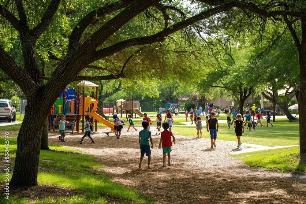 Joyful running child, playground background, a group of children running around a playground, Kids playing in a neighborhood park Joyful running child, playground background, a group of children running around a playground, Kids playing in a neighborhood park