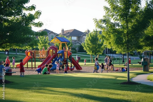 Fototapeta Naklejka Na Ścianę i Meble -  Joyful running child, playground background, a group of children running around a playground, Kids playing in a neighborhood park