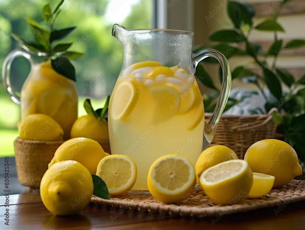 Fototapeta premium a pitcher of lemonade with lemons around it