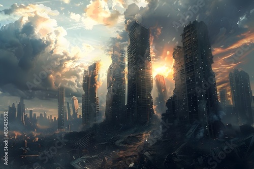 Collapsed Skyscrapers Amidst a Serene Sky