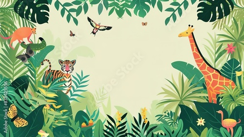 Fototapeta Naklejka Na Ścianę i Meble -  Colorful jungle animals and plants background with copy space.