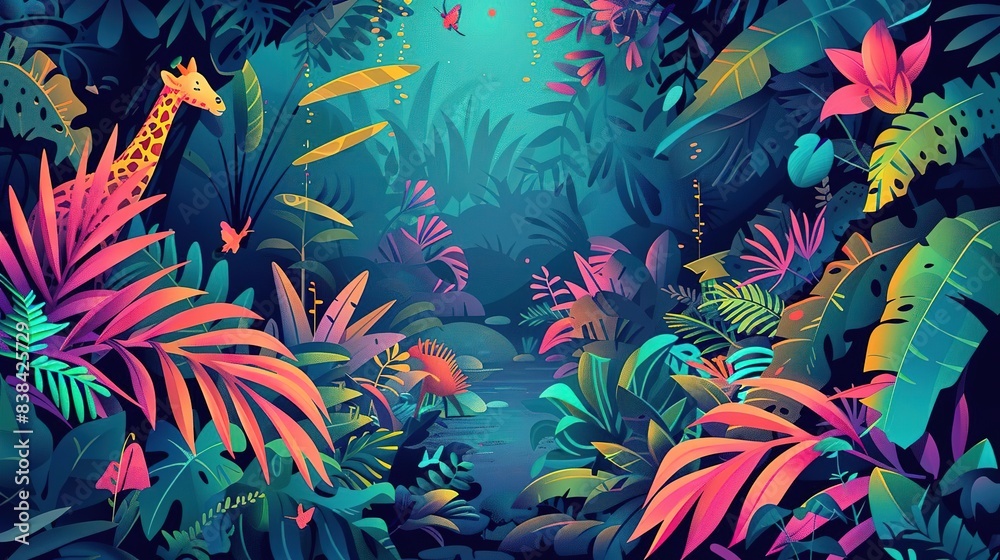 Vibrant jungle scene with a giraffe and other animals surrounded by lush foliage. Vibrant jungle scene with a giraffe and other animals surrounded by lush foliage.