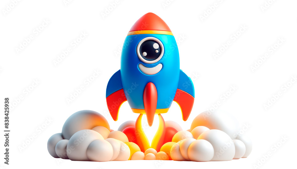 Cute toy rocket launching with smoke and fire, isolated on a white ...