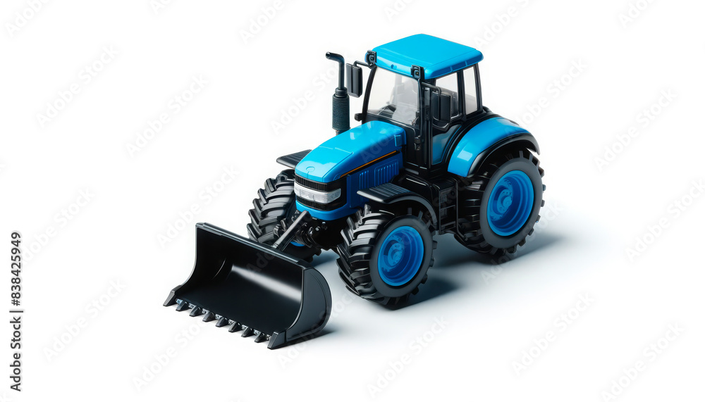 Blue toy tractor with a front loader attachment, isolated on a white background. Ideal for children's toys, agricultural education, and farming-themed content. Premium PNG format transparent backgrou Blue toy tractor with a front loader attachment, isolated on a white background. Ideal for children's toys, agricultural education, and farming-themed content. Premium PNG format transparent backgrou