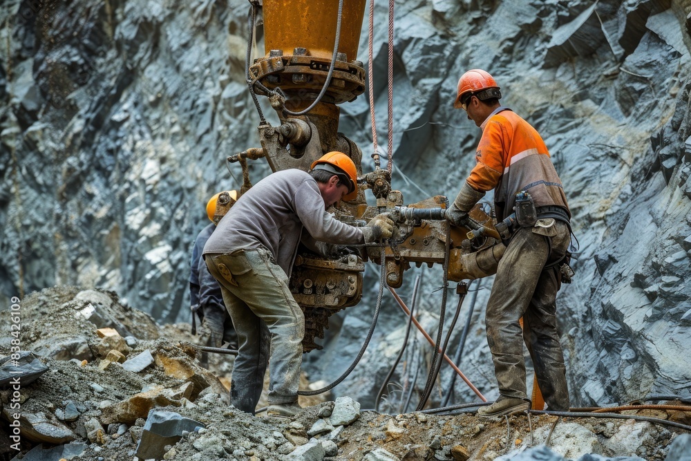 Rugged outdoor drilling site, two men are working on a construction site, Miners drilling into rock to extract valuable minerals Rugged outdoor drilling site, two men are working on a construction site, Miners drilling into rock to extract valuable minerals