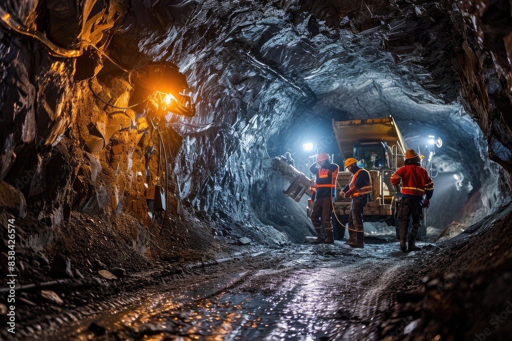 Underground mine, workers, machinery, a group of men walking through a tunnel, Miners extracting resources in an underground mine Underground mine, workers, machinery, a group of men walking through a tunnel, Miners extracting resources in an underground mine