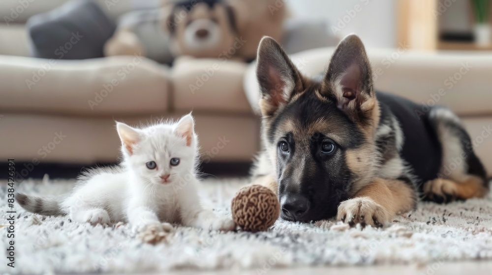 A German Shepherd puppy and a white kitten lie on a fluffy rug, looking at each other. The puppy is lying down with its head resting on the rug A German Shepherd puppy and a white kitten lie on a fluffy rug, looking at each other. The puppy is lying down with its head resting on the rug