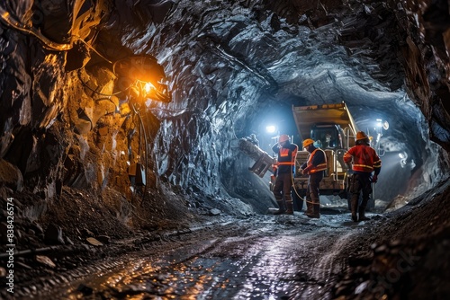 Underground mine  workers  machinery  a group of men walking through a tunnel  Miners extracting resources in an underground mine