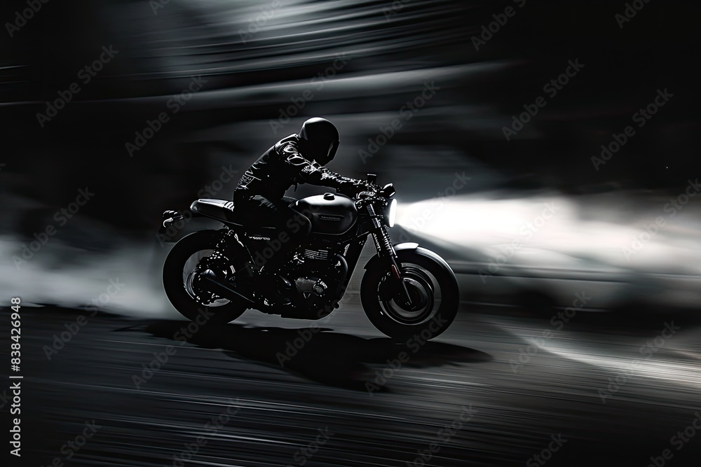 Fototapeta premium Giant yellow mining truck, a person riding a motorcycle on a city street, Motorbike in motion, captured with precision lighting in a studio setting