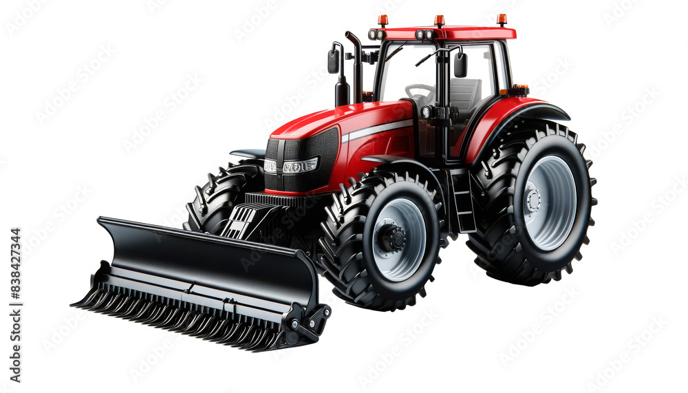Obraz premium Red toy tractor with a front loader, isolated on a white background. Suitable for children's toys, agricultural education, and farming-themed content. Premium PNG format with a transparent background.