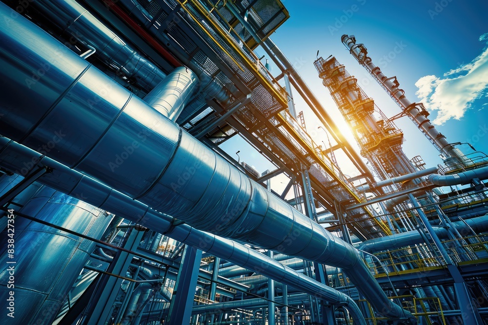 Complex industrial piping, sunny blue sky, a large industrial plant with pipes and pipes, Oil refinery with pipes and industrial structures Complex industrial piping, sunny blue sky, a large industrial plant with pipes and pipes, Oil refinery with pipes and industrial structures