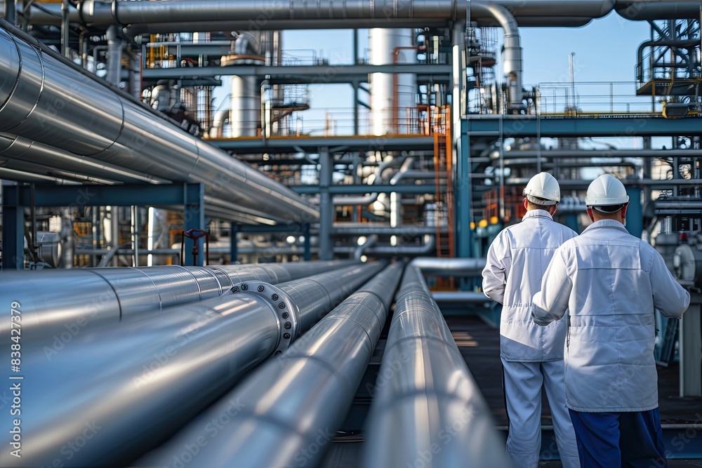 Industrial pipelines, working engineers, two men in white coats are walking through a factory, Oil refinery with workers inspecting pipelines Industrial pipelines, working engineers, two men in white coats are walking through a factory, Oil refinery with workers inspecting pipelines