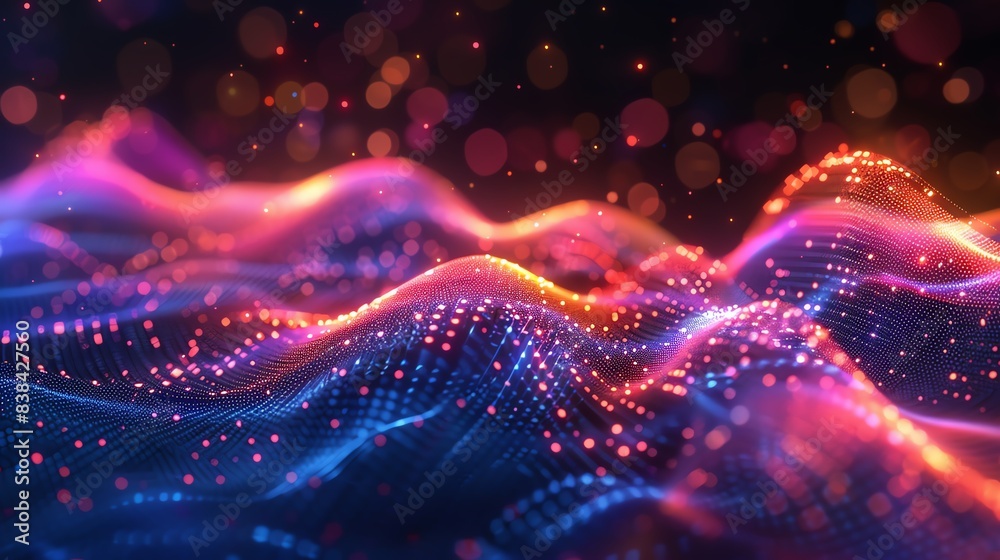 Abstract digital waveforms with neon lights and particles. A captivating representation of data flow, technology, and futuristic design concepts. Abstract digital waveforms with neon lights and particles. A captivating representation of data flow, technology, and futuristic design concepts.