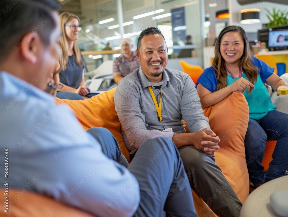 Diverse Team Discussing Work Permits in Bright, Pastel-Themed Office, Emphasizing Collaboration and Positive Work Environment Diverse Team Discussing Work Permits in Bright, Pastel-Themed Office, Emphasizing Collaboration and Positive Work Environment