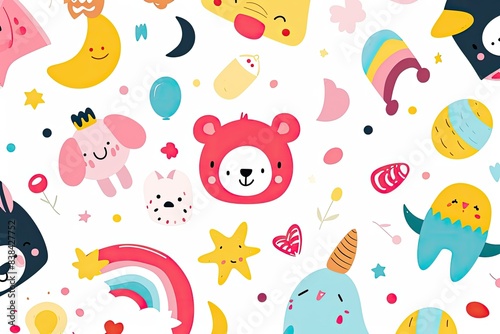 Colorful, cute animal illustrations, a pattern of colorful animals and stars, Playful and charming vector background with cute objects and characters