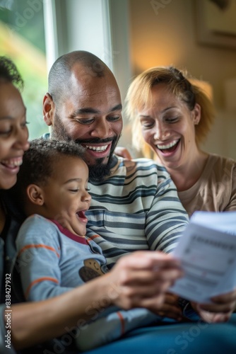 Family Celebrating Work Permit Approval at Home, Featuring Diverse Ethnicities in a Bright, Pastel-Colored Setting