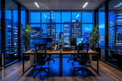A photo of an office space with blue lighting  showcasing modern desks and chairs arranged in cubicles. The room is adorned with plants and large windows that create natural light.
