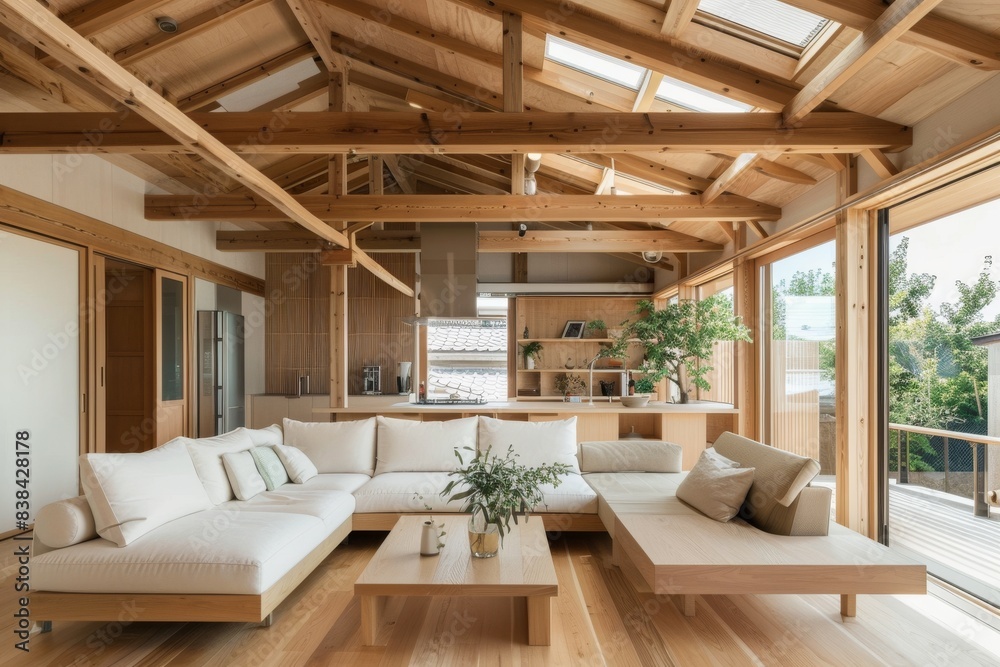 Apartment in Japan, with a wooden floor and ceiling with beams, a white sofa and coffee table, a kitchen area with a refrigerator and sink, a large window Apartment in Japan, with a wooden floor and ceiling with beams, a white sofa and coffee table, a kitchen area with a refrigerator and sink, a large window