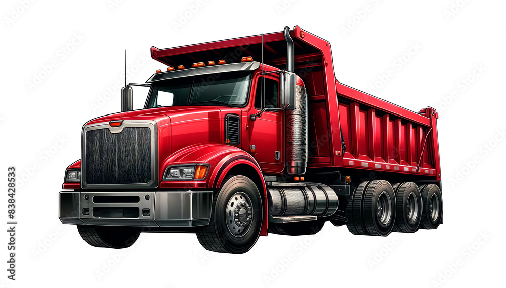 Realistic illustration of a heavy-duty red dump truck isolated on a white background. Perfect for use in construction, industrial, and transportation-themed marketing, advertisements, and educational Realistic illustration of a heavy-duty red dump truck isolated on a white background. Perfect for use in construction, industrial, and transportation-themed marketing, advertisements, and educational