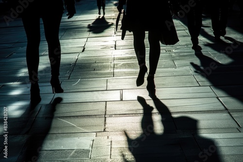 Silhouetted figures, sunlit pavement, a group of people walking down a sidewalk, Shadows and silhouettes on a city sidewalk