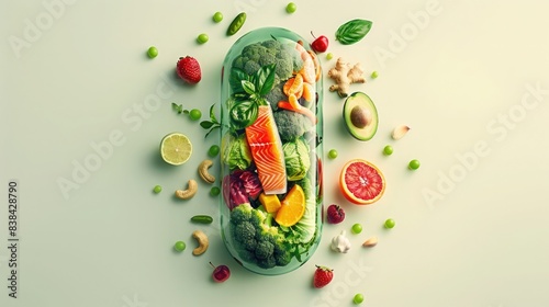Modern Image of Yellow Capsule Releasing Fresh Healthy Foods © Татьяна Креминская
